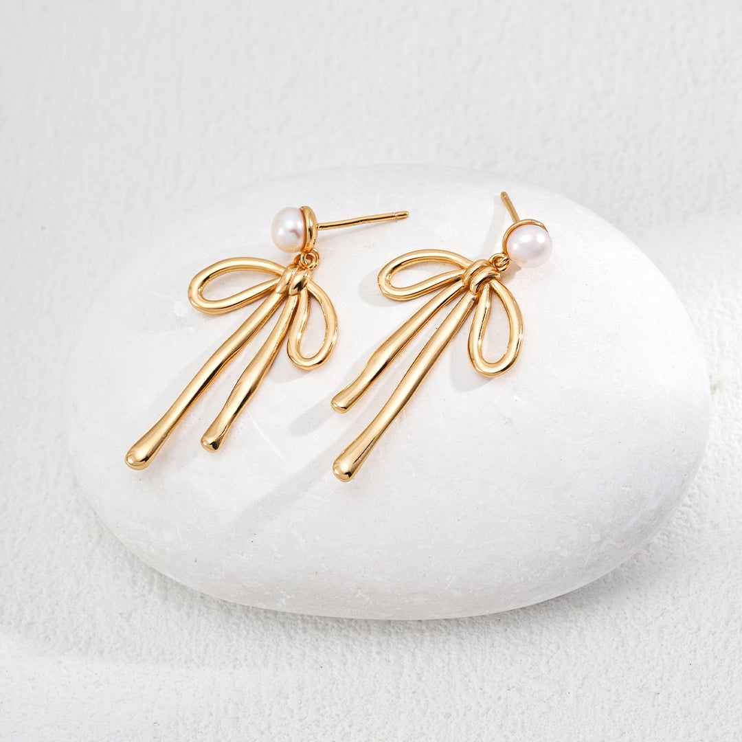 Vintage Bow Knot Pearl Earrings | S925 Sterling Silver Retro Gold & Platinum Natural Pearl Drop Earrings