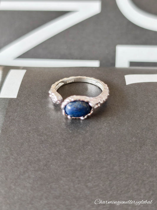 S925 Sterling Silver Hammered Lapis Lazuli Open Ring – Adjustable Handmade Statement Jewelry