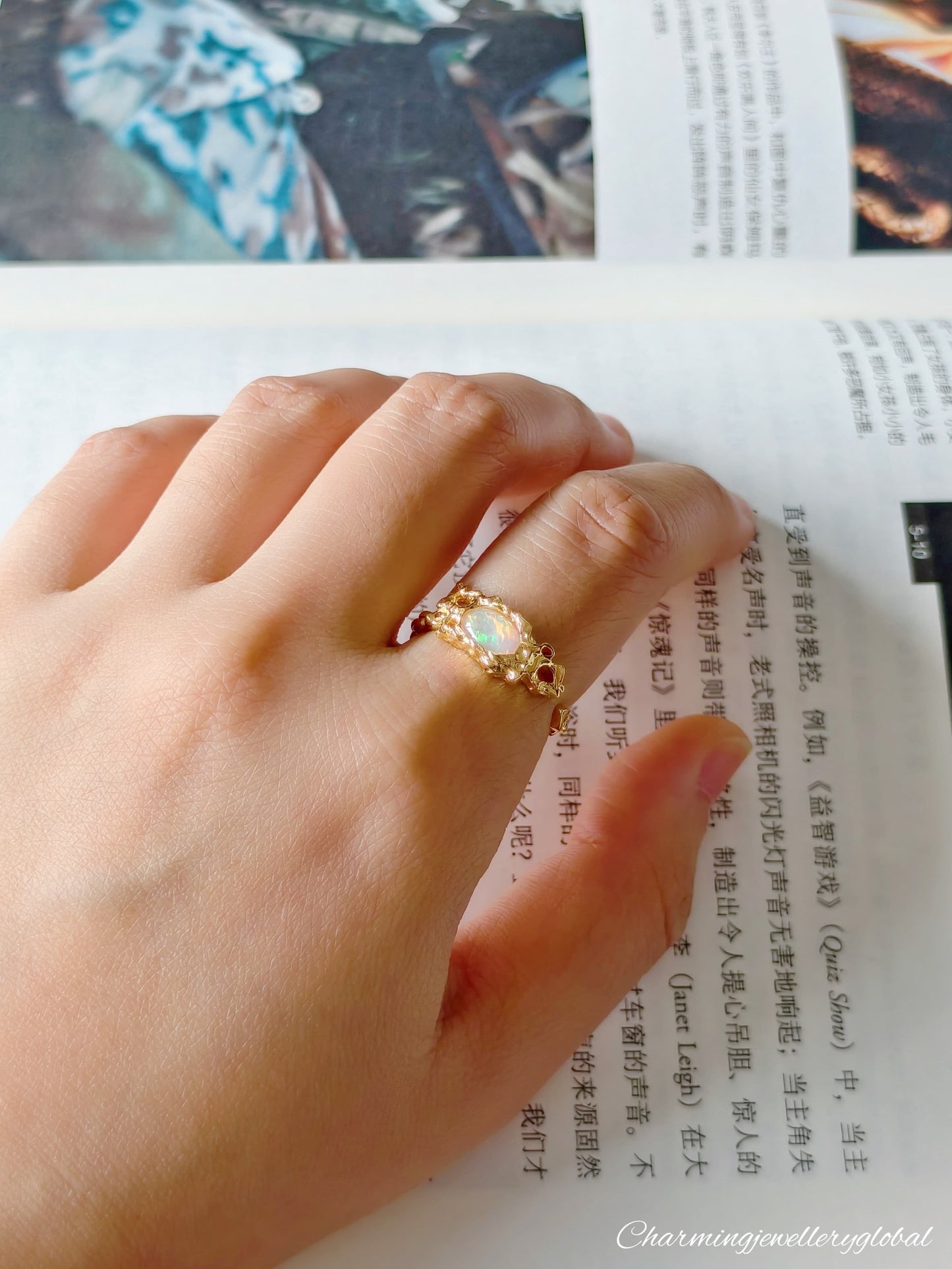 Handcrafted S925 Sterling Silver Opal Ring – Adjustable Gold-Plated Irregular Band for Healing Energy and Unique Style