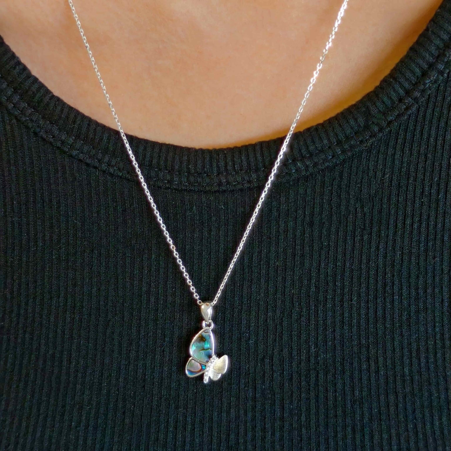 Iridescent Mother-of-Pearl Butterfly Necklace – S925 Sterling Silver Pendant for Women