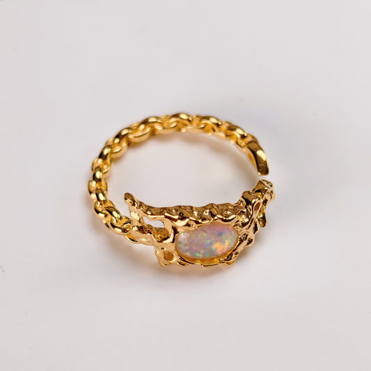 Handcrafted S925 Sterling Silver Opal Ring – Adjustable Gold-Plated Irregular Band for Healing Energy and Unique Style