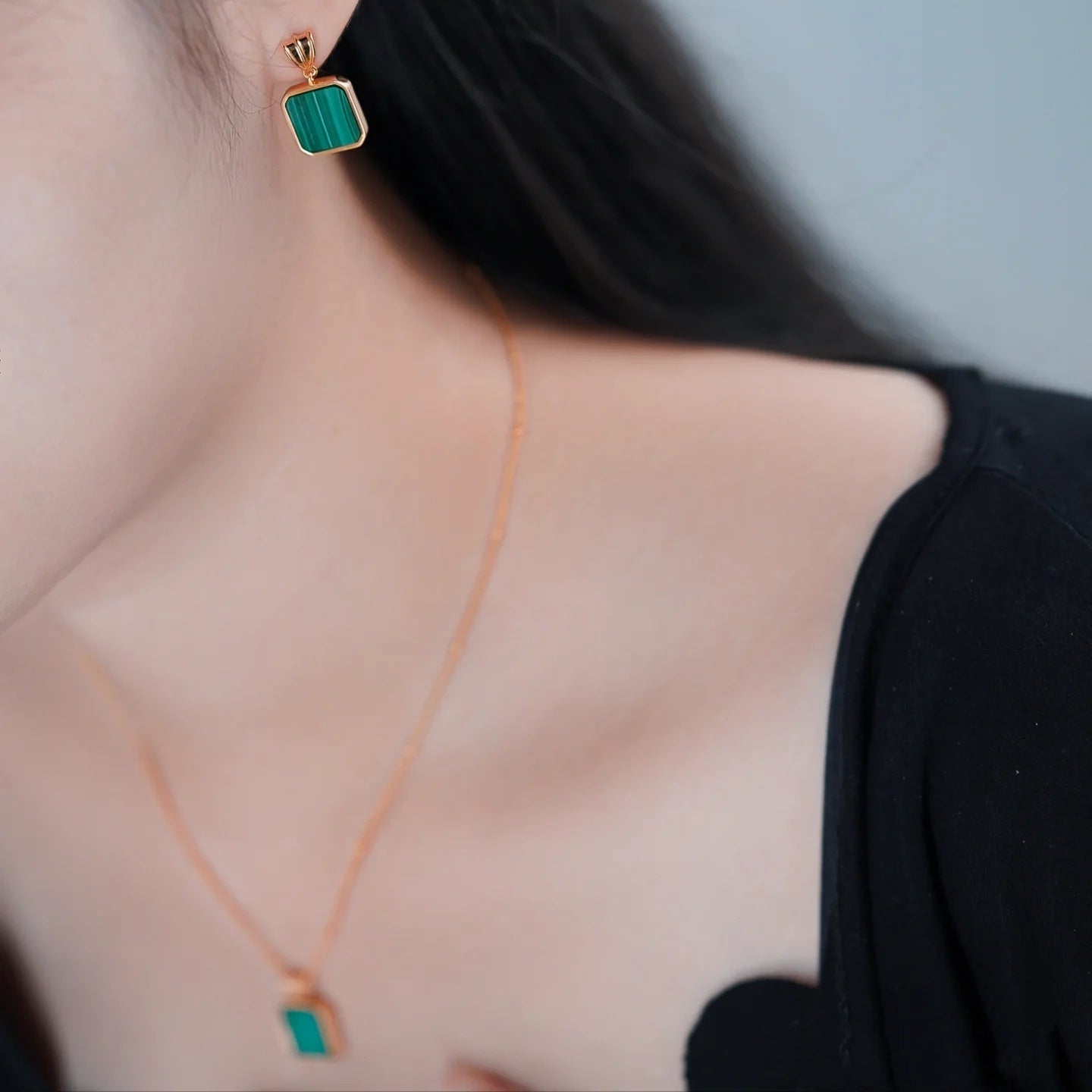 S925 Gold-Plated Malachite Jewelry Set – Elegant Green Gemstone Necklace & Earrings for Effortless Chic