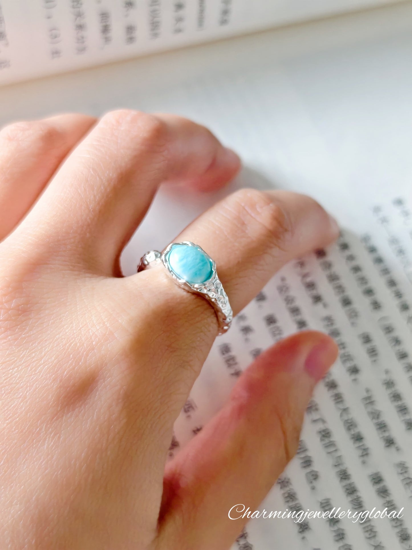 Sterling Silver Larimar Open Ring – Adjustable Tranquility Jewelry