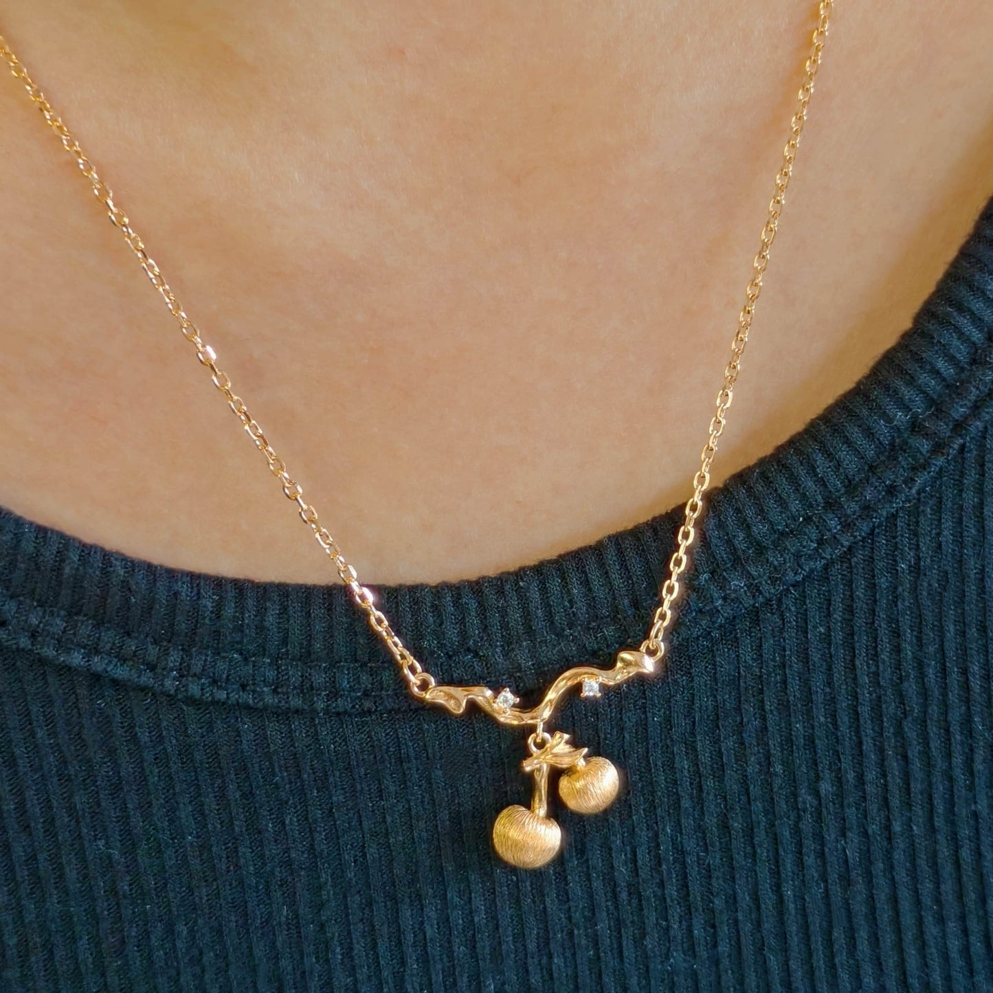 Sterling Silver Cherry Pendant Necklace – Vintage Gold Twin Fruit-Inspired Jewelry