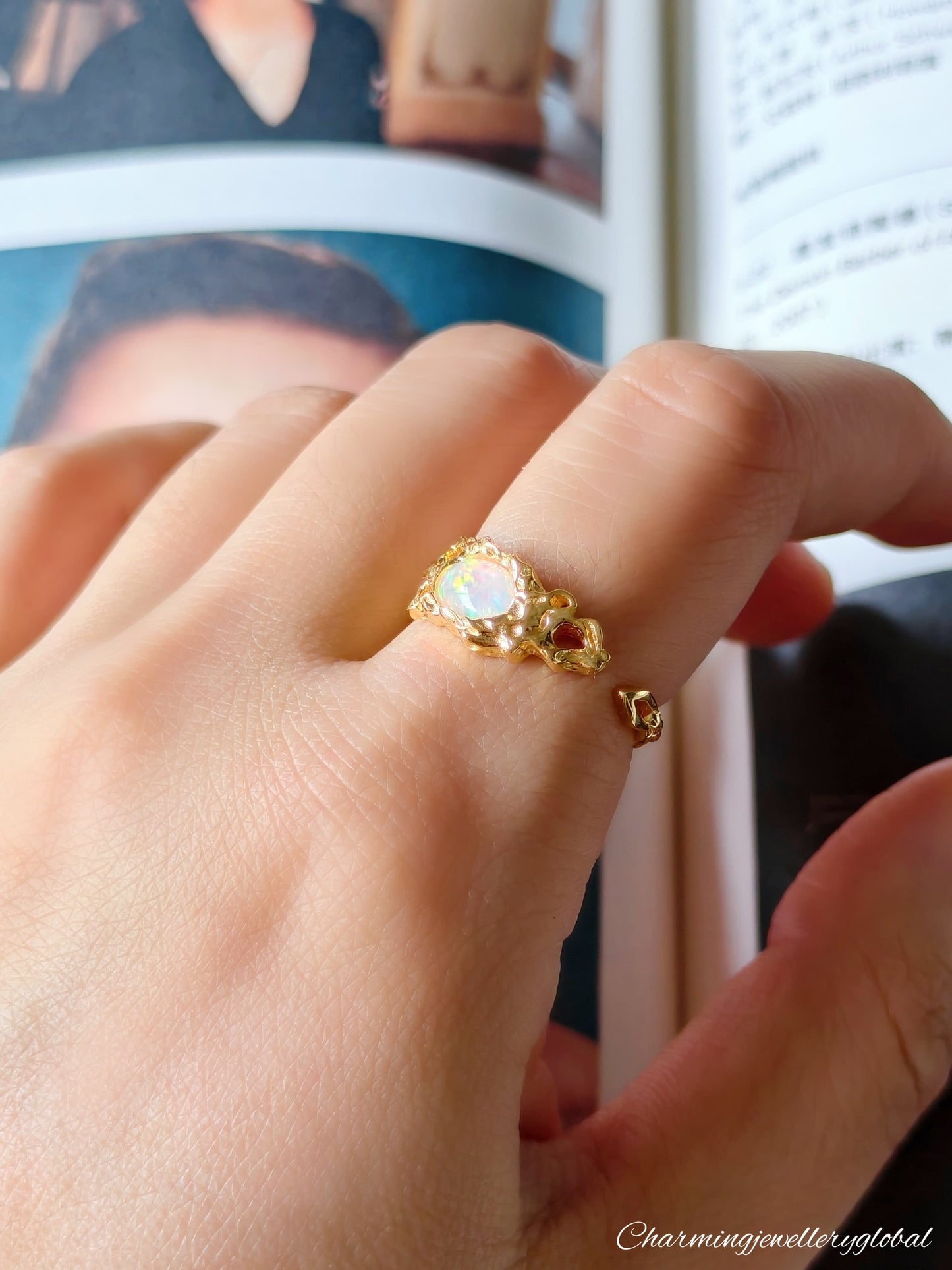 Handcrafted S925 Sterling Silver Opal Ring – Adjustable Gold-Plated Irregular Band for Healing Energy and Unique Style