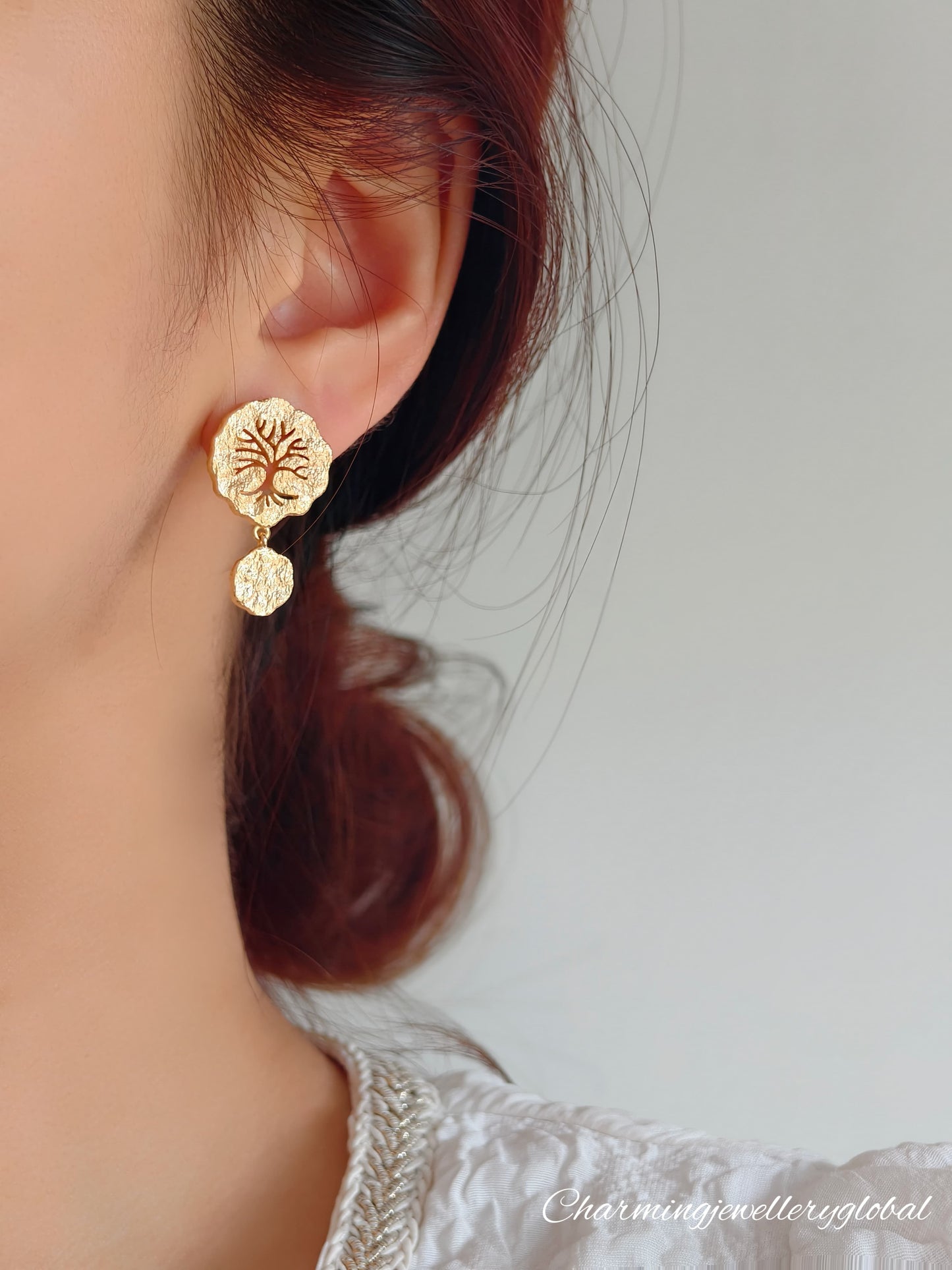 Tree of Life Dangle Earrings – Textured 18K Gold-Plated 925 Silver | Symbolic Statement Jewelry for Women