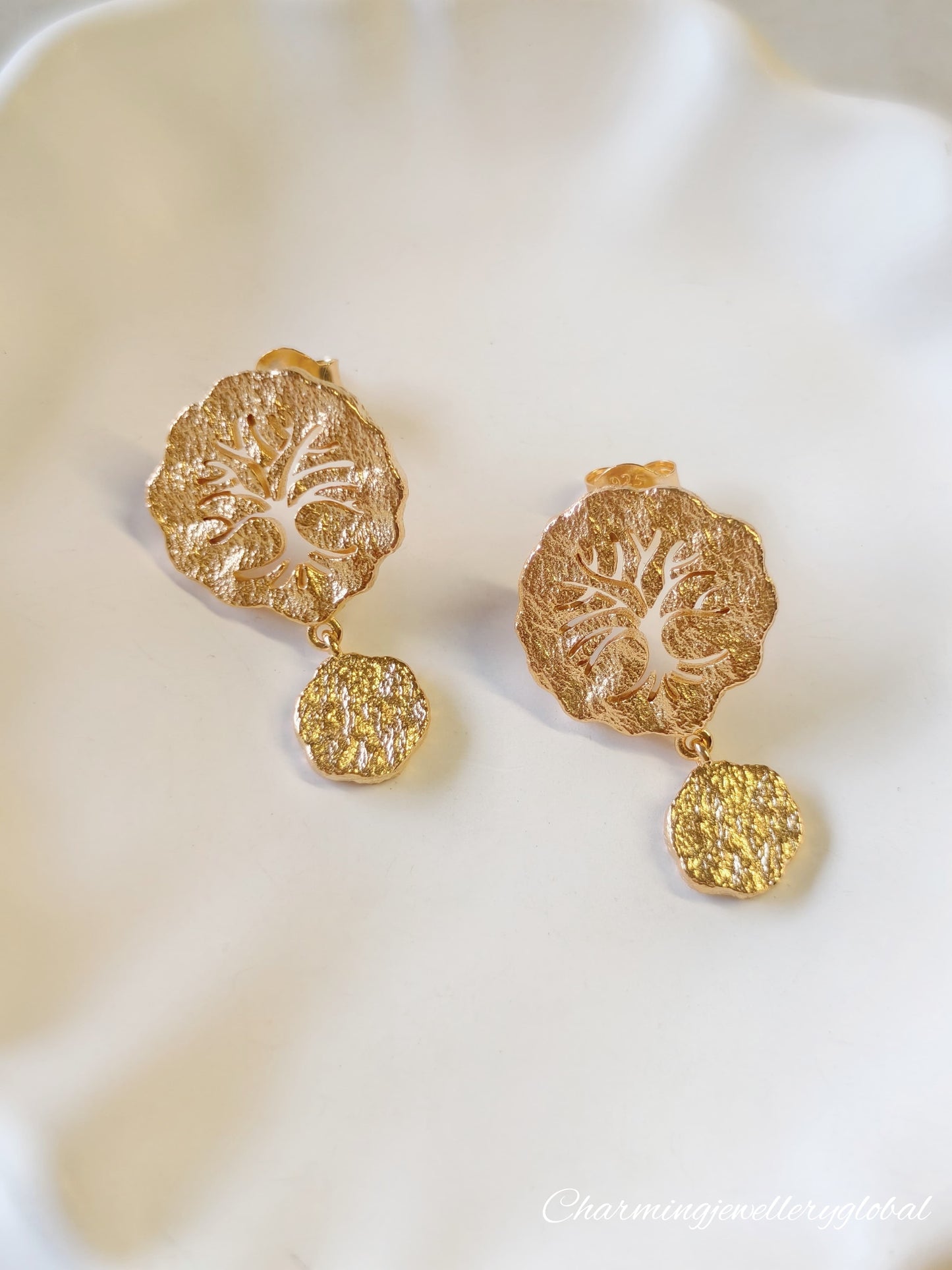Tree of Life Dangle Earrings – Textured 18K Gold-Plated 925 Silver | Symbolic Statement Jewelry for Women