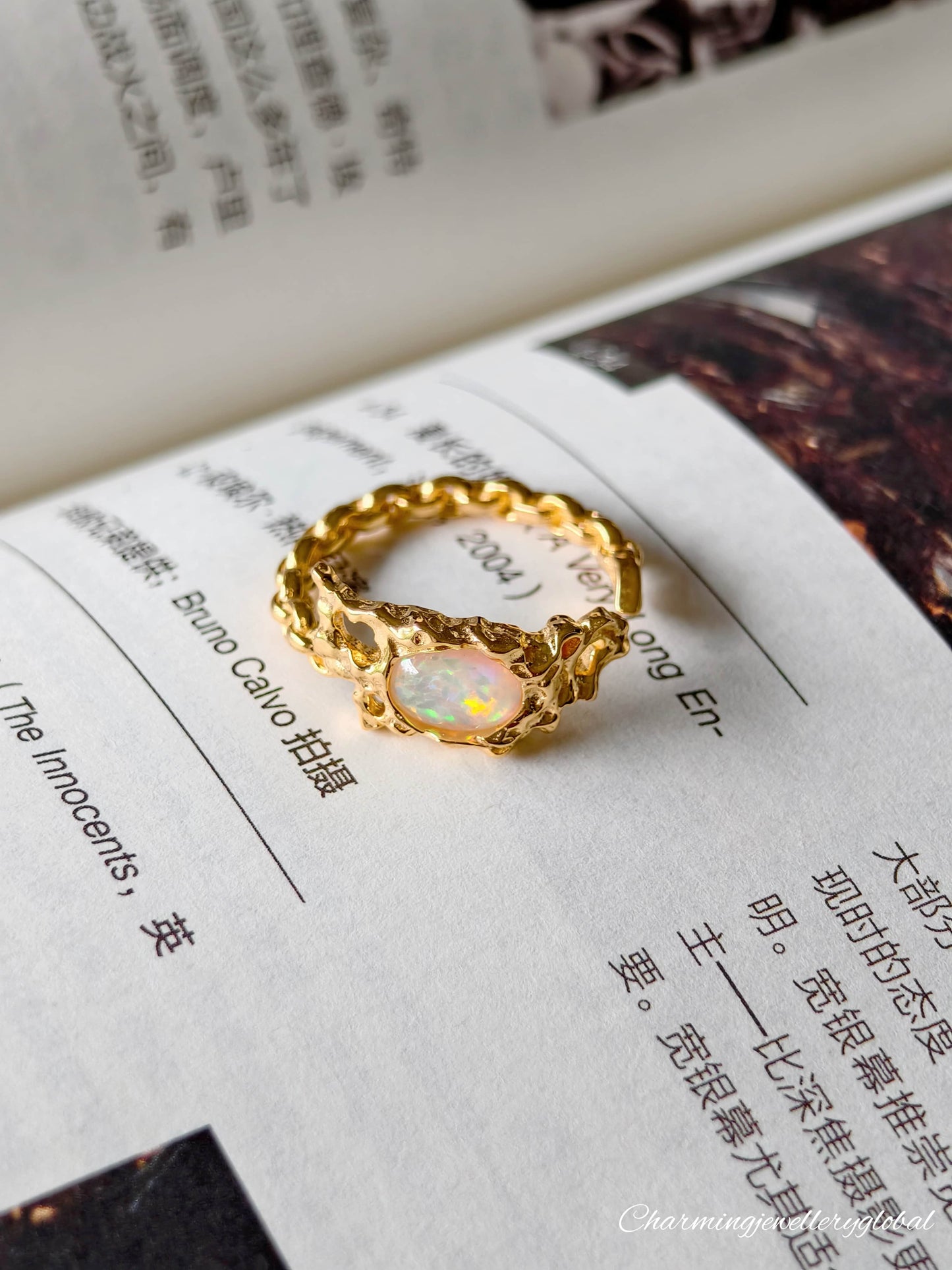 Handcrafted S925 Sterling Silver Opal Ring – Adjustable Gold-Plated Irregular Band for Healing Energy and Unique Style