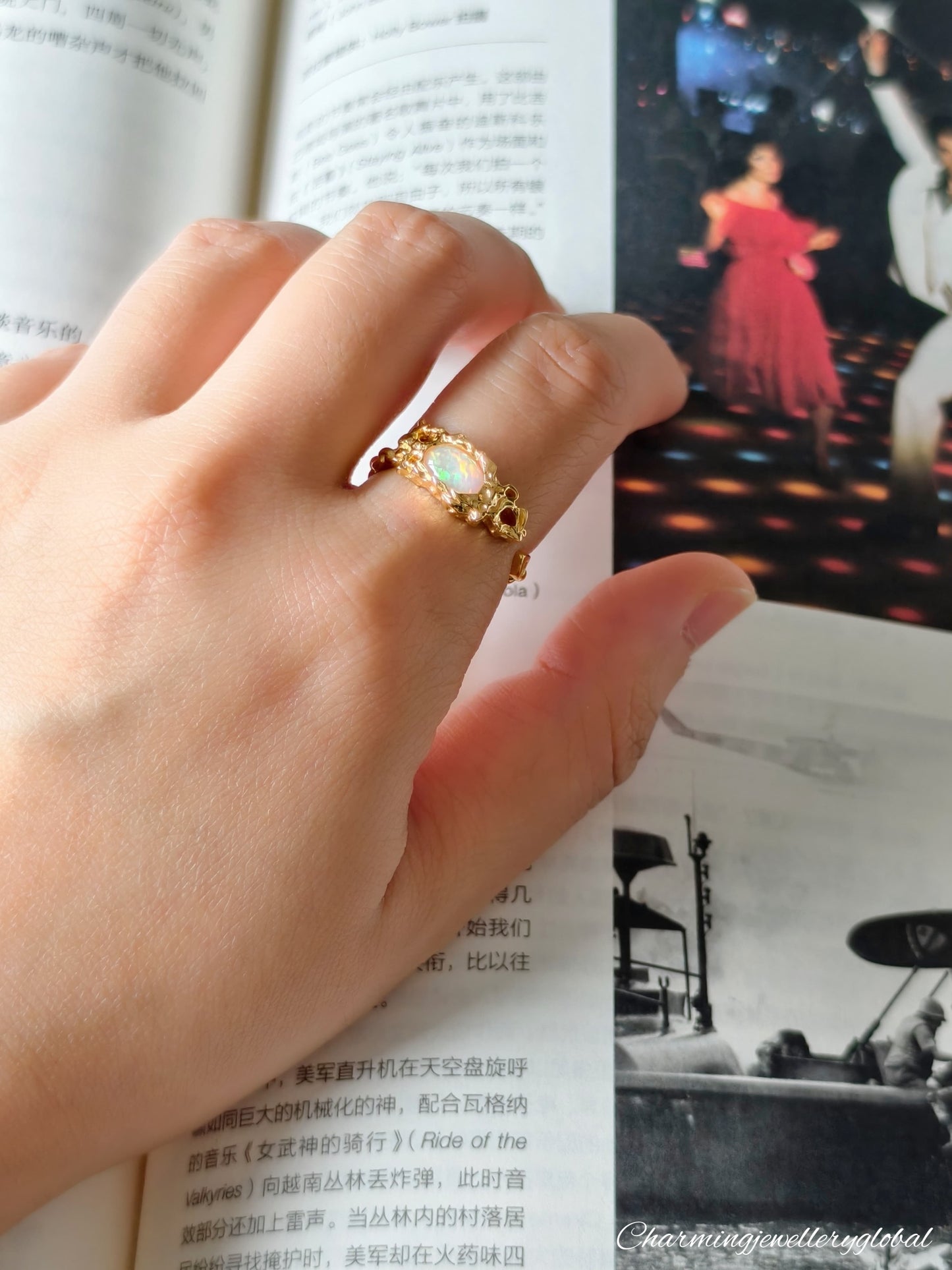 Handcrafted S925 Sterling Silver Opal Ring – Adjustable Gold-Plated Irregular Band for Healing Energy and Unique Style