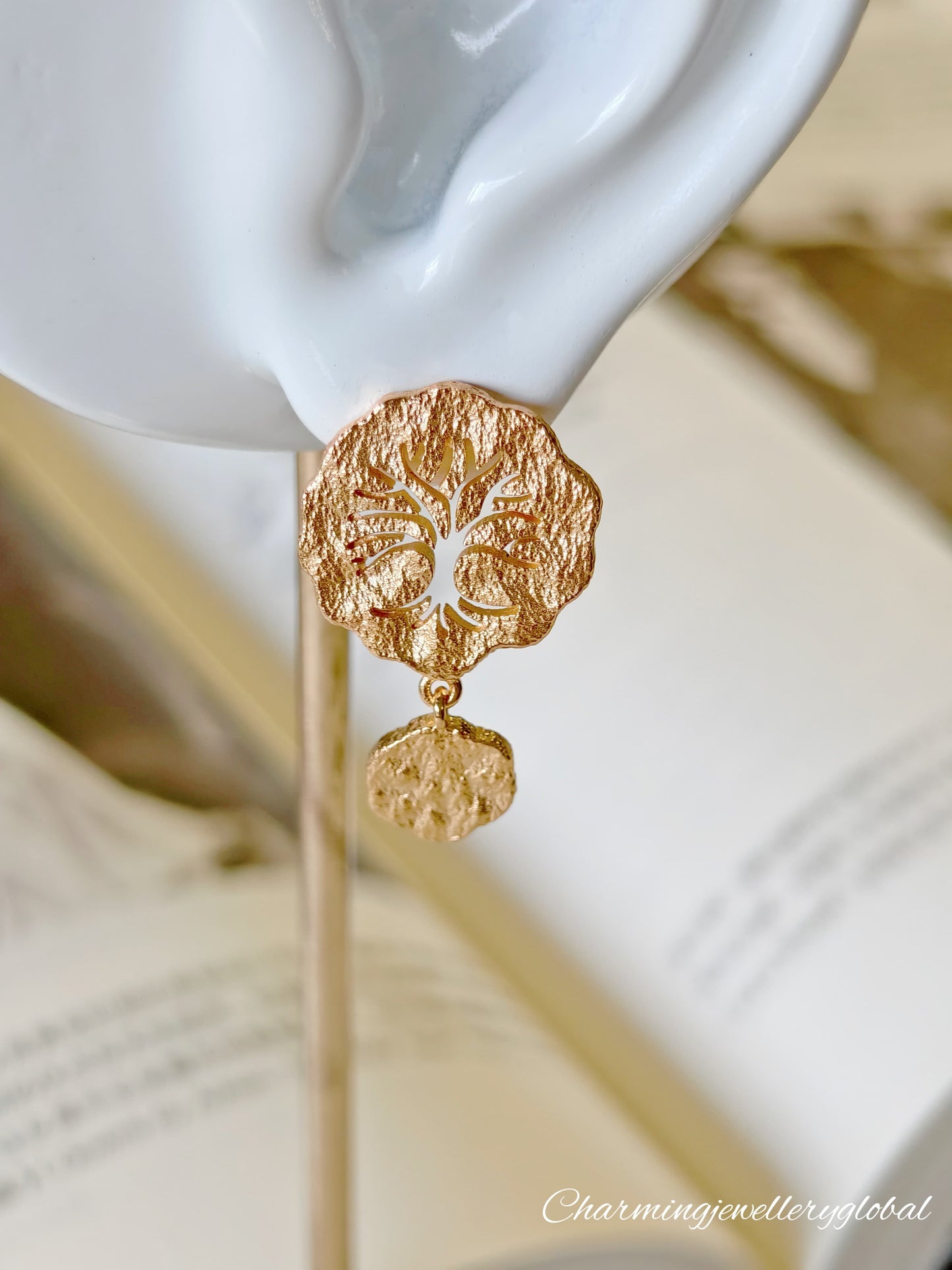 Tree of Life Dangle Earrings – Textured 18K Gold-Plated 925 Silver | Symbolic Statement Jewelry for Women