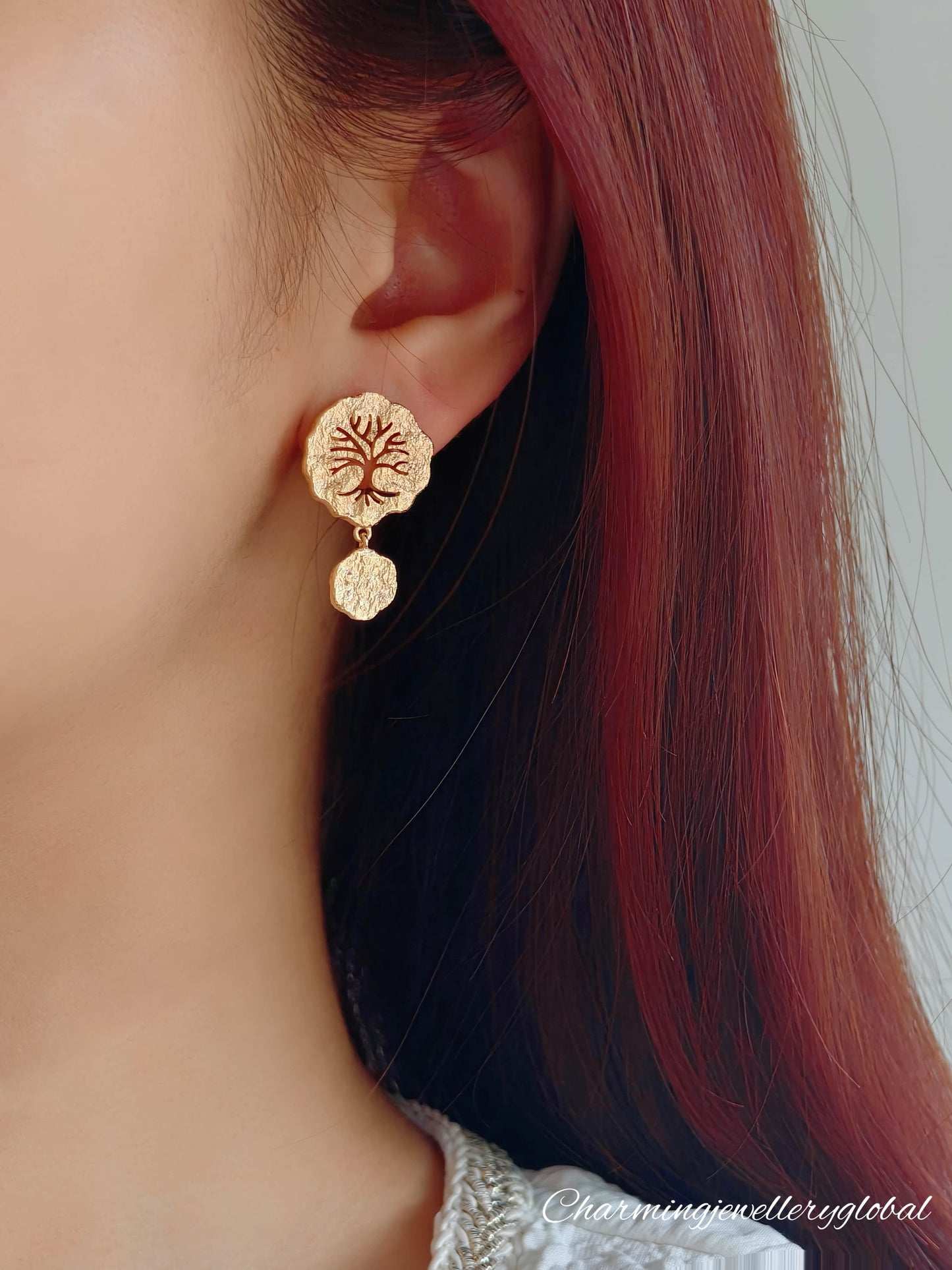 Tree of Life Dangle Earrings – Textured 18K Gold-Plated 925 Silver | Symbolic Statement Jewelry for Women