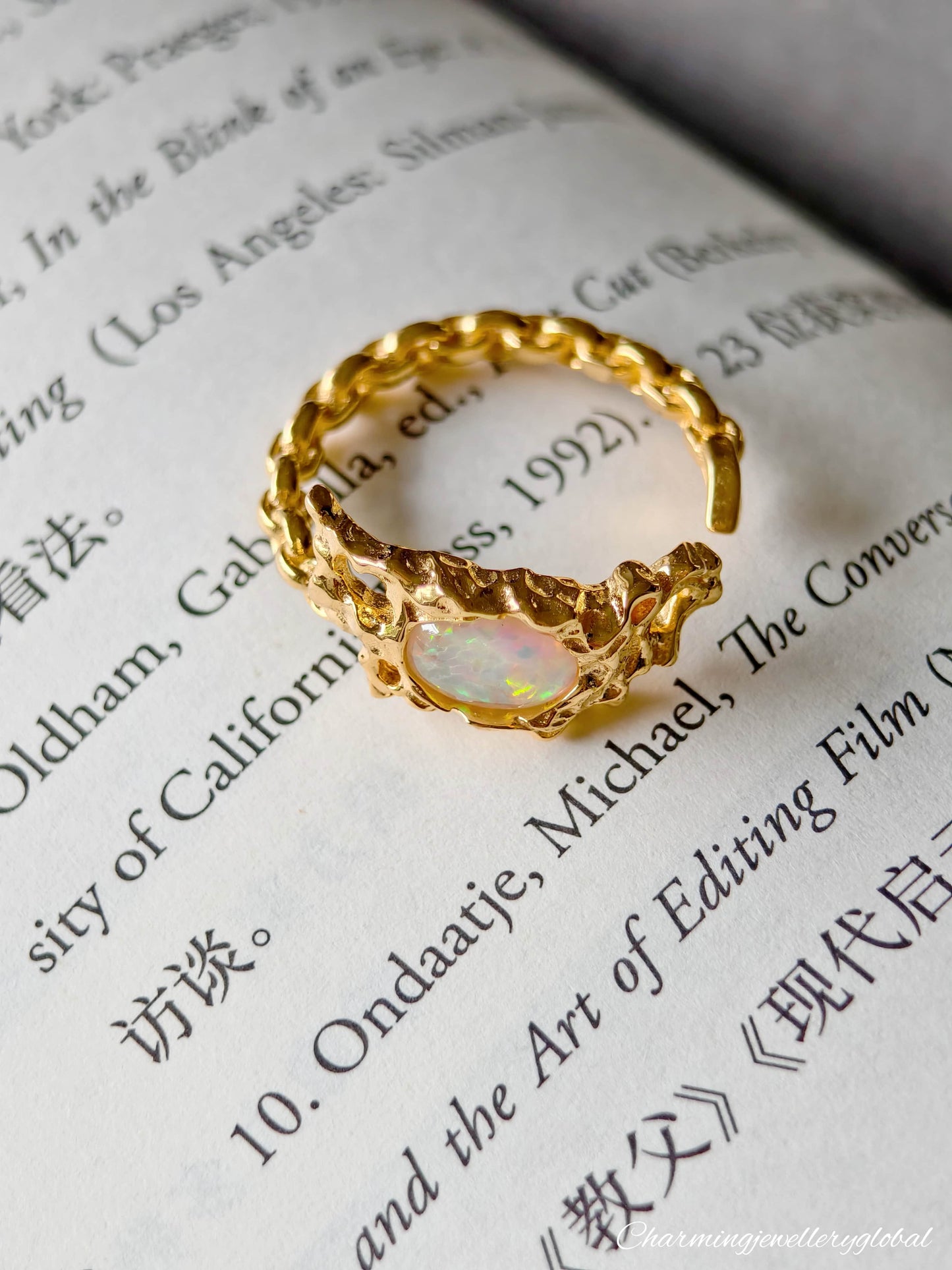 Handcrafted S925 Sterling Silver Opal Ring – Adjustable Gold-Plated Irregular Band for Healing Energy and Unique Style