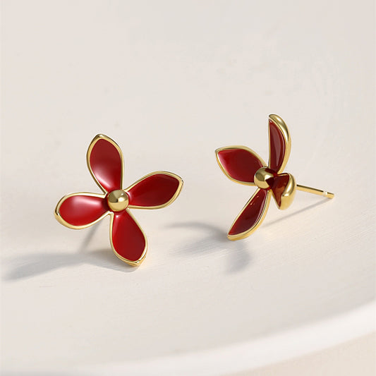 Chinese Red Drip Glaze Flower Earrings