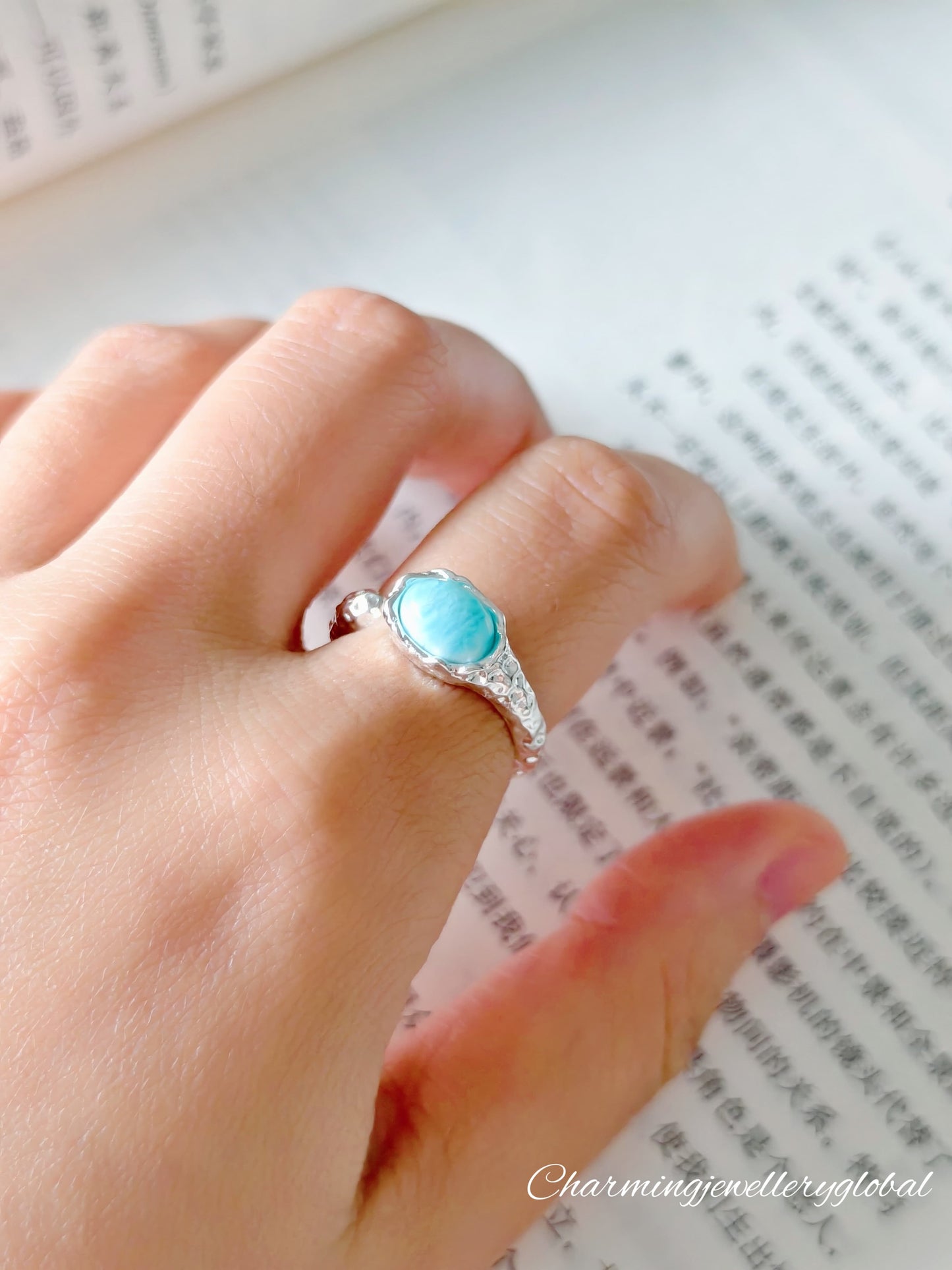 Sterling Silver Larimar Open Ring – Adjustable Tranquility Jewelry