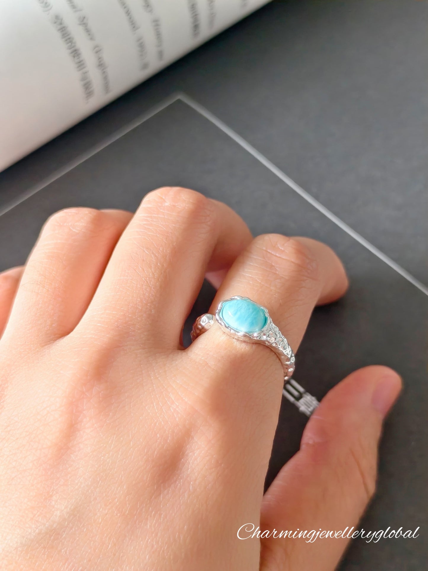Sterling Silver Larimar Open Ring – Adjustable Tranquility Jewelry