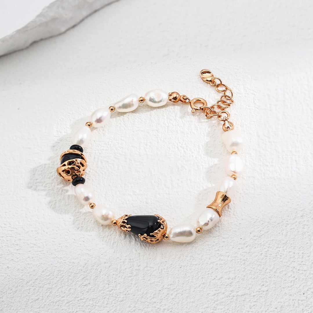 Natural Pearl and Black Agate Bracelet