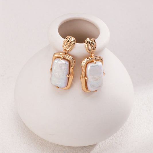 Square Natural Baroque Pearl Earrings