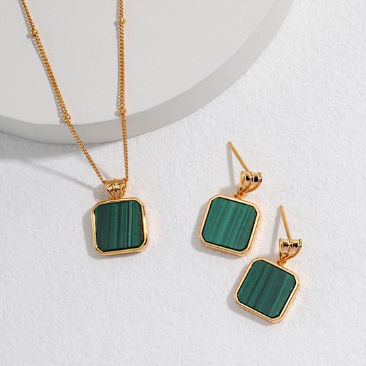 S925 Gold-Plated Malachite Jewelry Set – Elegant Green Gemstone Necklace & Earrings for Effortless Chic