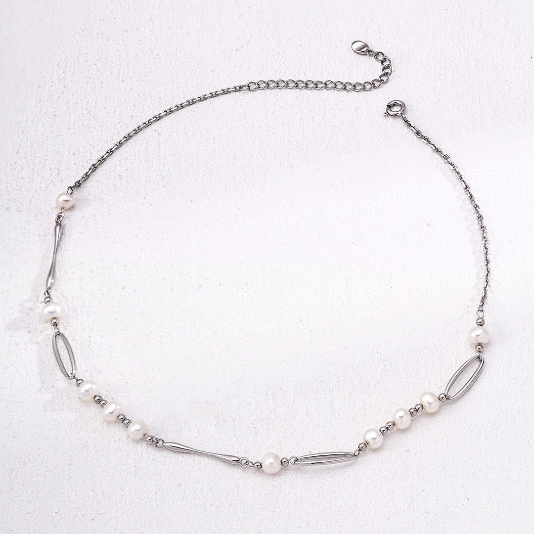 S925 Sterling Silver Natural Pearl Necklace – Elegant Minimalist Design Jewelry for Women