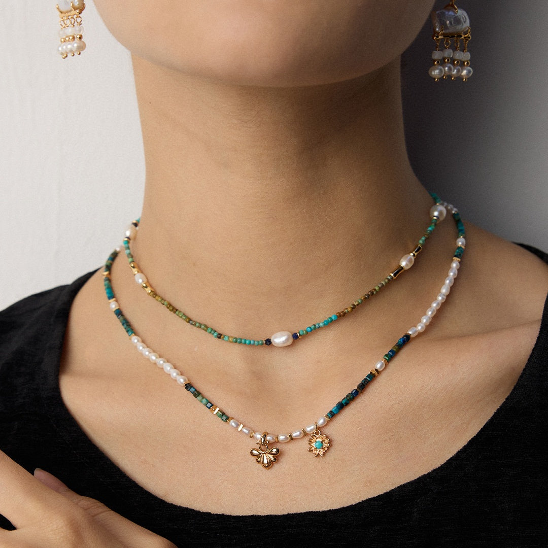 S925 Sterling Silver Pearl & Gemstone Jewelry Set – Vintage Gold or Platinum | Necklace & Bracelet Set with Lapis Lazuli, Turquoise & Pearls