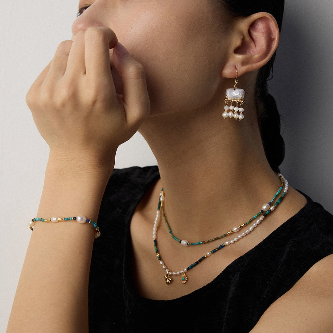 S925 Sterling Silver Pearl & Gemstone Jewelry Set – Vintage Gold or Platinum | Necklace & Bracelet Set with Lapis Lazuli, Turquoise & Pearls
