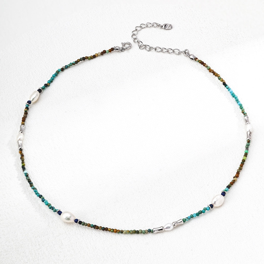 S925 Sterling Silver Pearl & Gemstone Necklace –  with Lapis Lazuli, Turquoise & Pearls