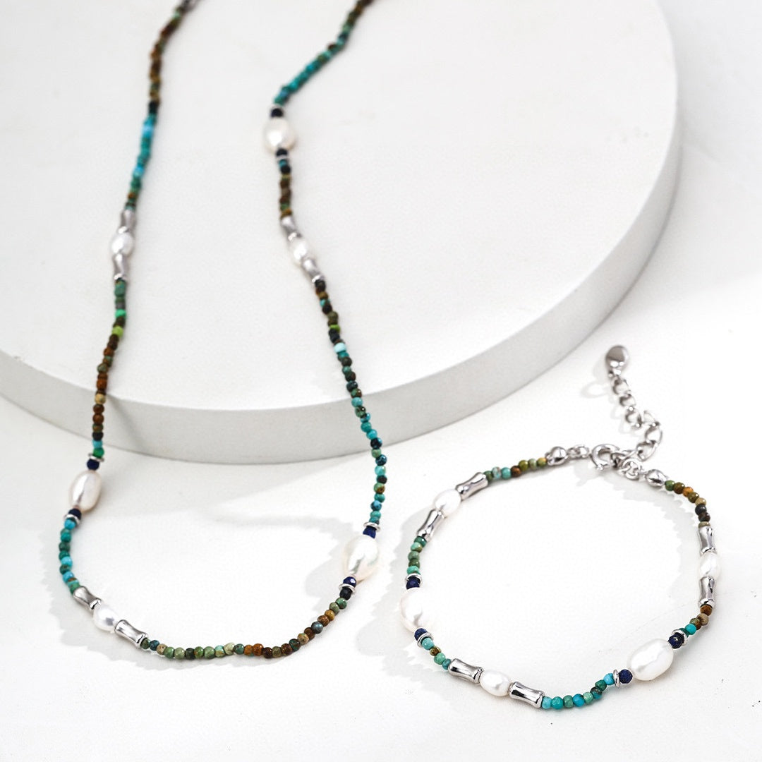 S925 Sterling Silver Pearl & Gemstone Jewelry Set – Vintage Gold or Platinum | Necklace & Bracelet Set with Lapis Lazuli, Turquoise & Pearls