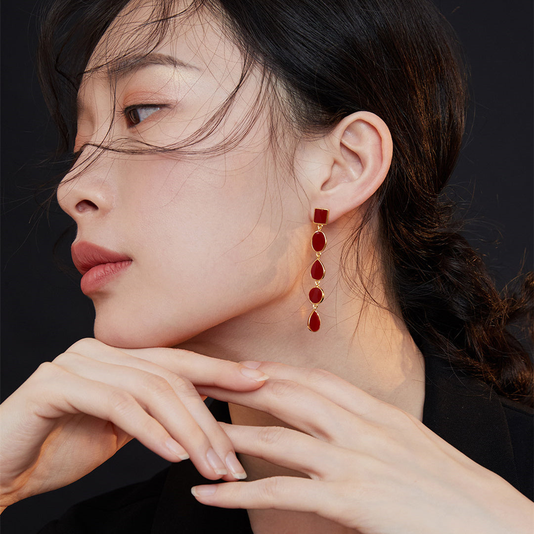 Chinese Red Glaze Dangling Earrings