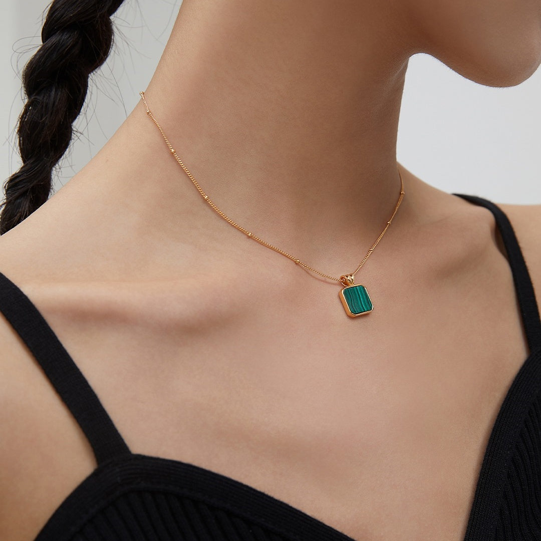 S925 Gold-Plated Malachite Jewelry Set – Elegant Green Gemstone Necklace & Earrings for Effortless Chic