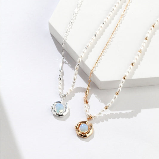 Iridescent Opal & Pearl Necklace – S925 Sterling Silver with Natural Pearl and Irregular Fluid Design