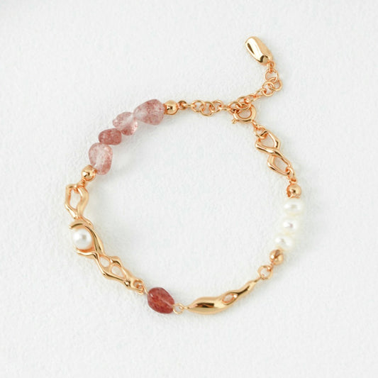 S925 Sterling Silver Strawberry Quartz & Pearl Bracelet
