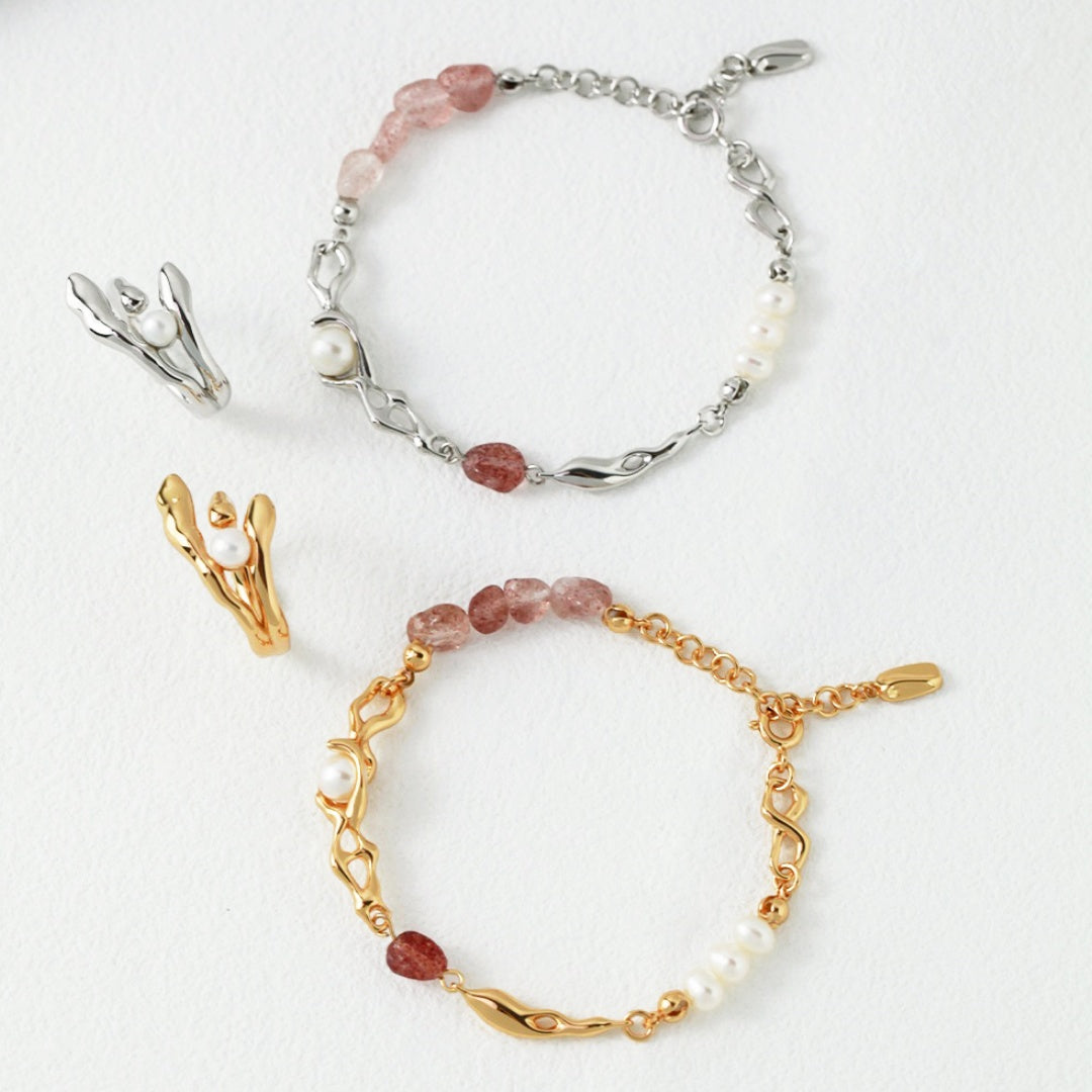S925 Sterling Silver Strawberry Quartz & Pearl Bracelet