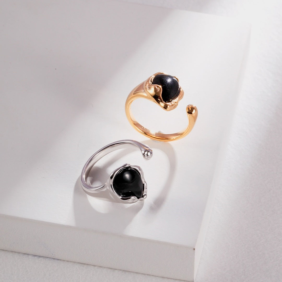 Natural Fluid Design S925 Sterling Silver Onyx Ring