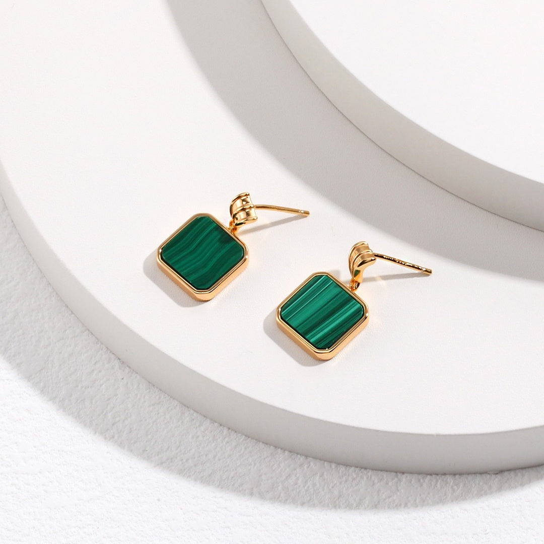 S925 Gold-Plated Malachite Jewelry Set – Elegant Green Gemstone Necklace & Earrings for Effortless Chic