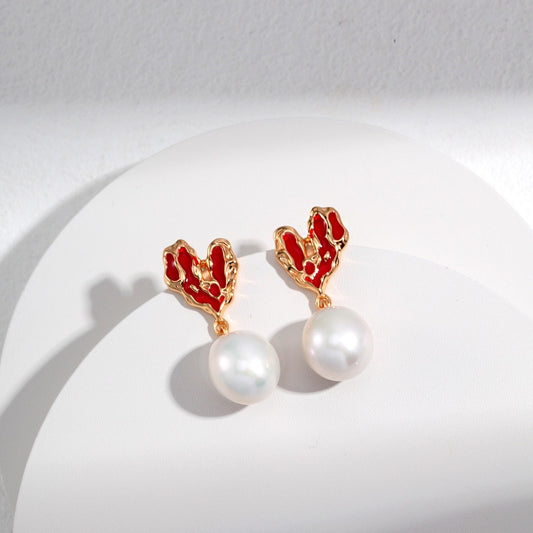 Pure Silver Heart-Shaped Drip Glaze Pearl Earrings