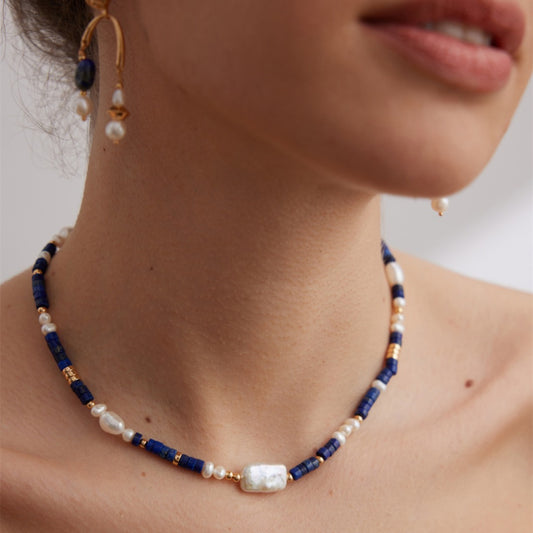 Elegant Sterling Silver Lapis Lazuli and Pearl Necklace