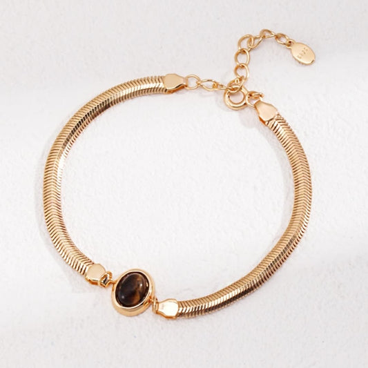 Natural Tiger's Eye Sterling Silver Bracelet – Elegant Herringbone Chain Design