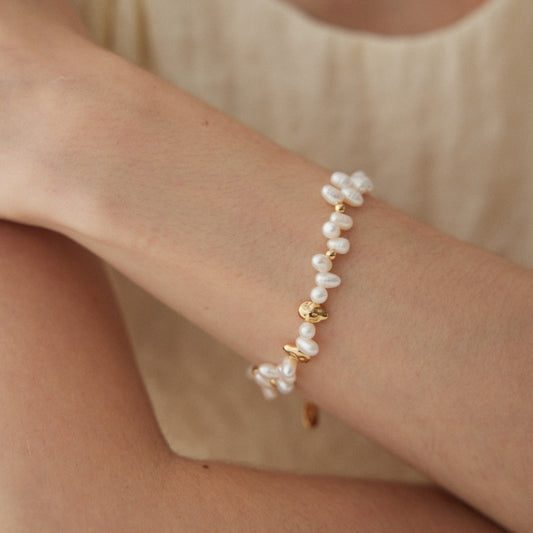 Pure Silver Gold Bean Natural Pearl Bracelet