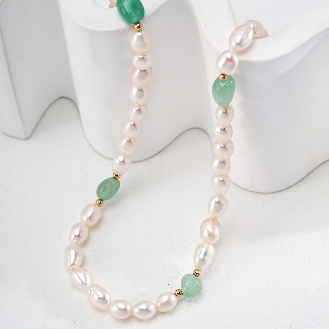S925 Sterling Silver Pearl Necklace with Natural Jade Beads | Minimalist French Vintage Elegance