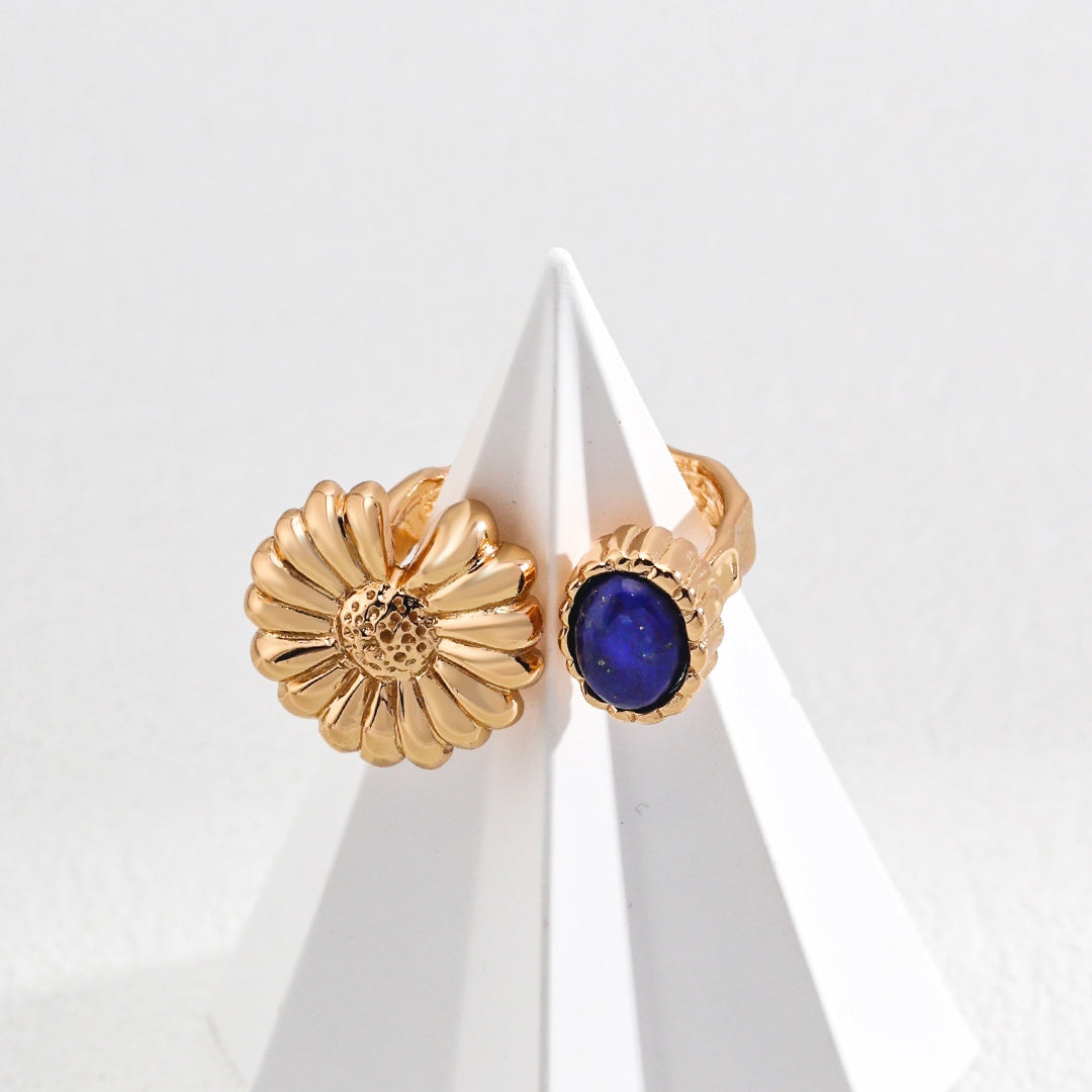 Vintage Sunflower & Lapis Lazuli Adjustable Ring | S925 Sterling Silver Gold-Plated Open Ring for Women