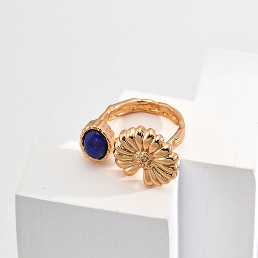 Vintage Sunflower & Lapis Lazuli Adjustable Ring | S925 Sterling Silver Gold-Plated Open Ring for Women