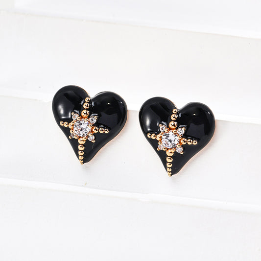 S925 Silver Fashion Drip Glaze Zircon Heart-Shaped Earrings