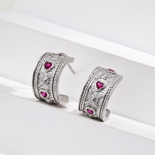 S925 Silver Vintage Heart-Shaped Zircon Earrings