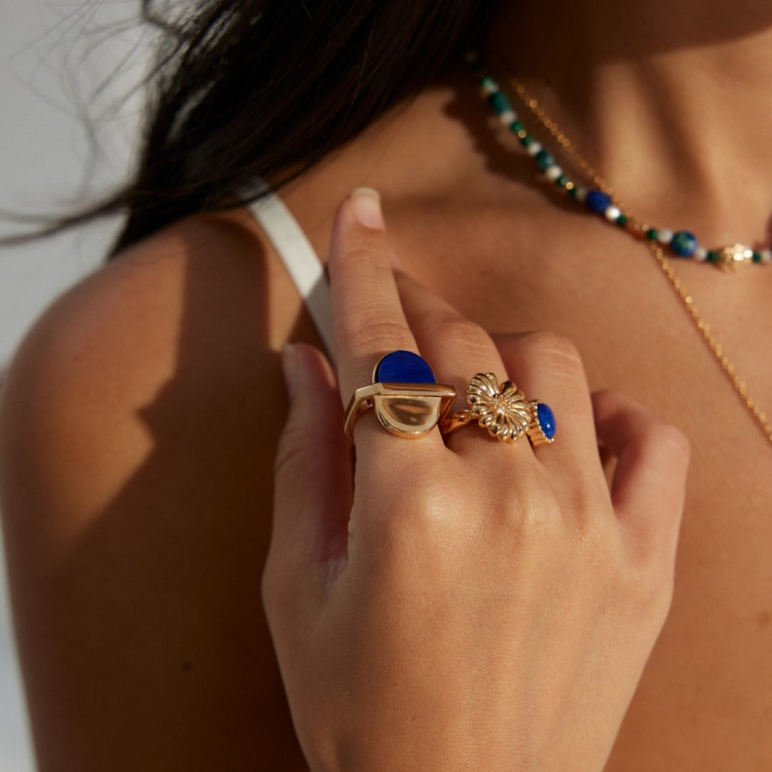 Vintage Sunflower & Lapis Lazuli Adjustable Ring | S925 Sterling Silver Gold-Plated Open Ring for Women