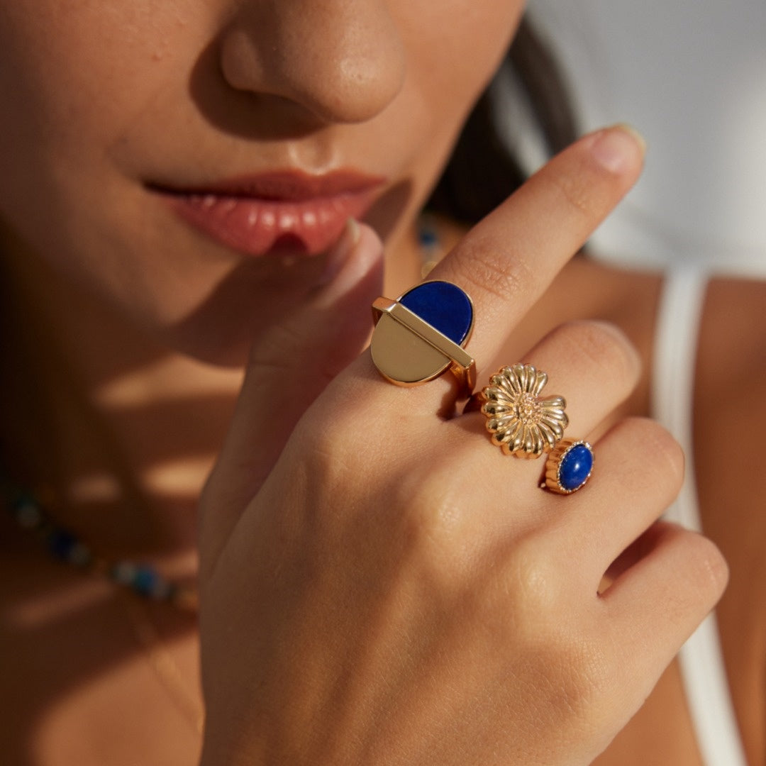 Vintage Sunflower & Lapis Lazuli Adjustable Ring | S925 Sterling Silver Gold-Plated Open Ring for Women