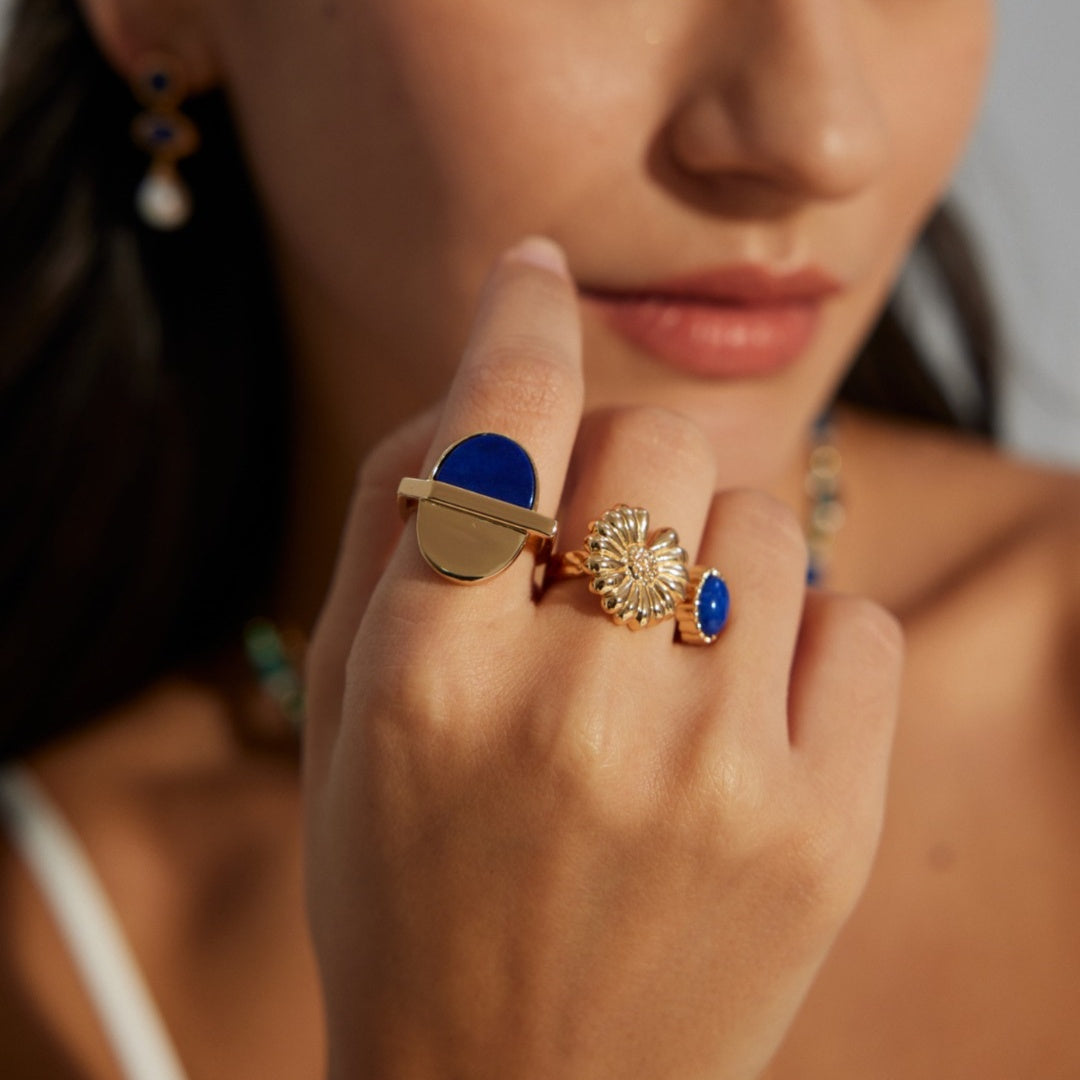 Vintage Sunflower & Lapis Lazuli Adjustable Ring | S925 Sterling Silver Gold-Plated Open Ring for Women