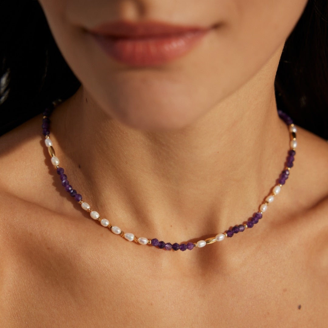 S925 Silver Vintage Natural Pearl Amethyst Necklace