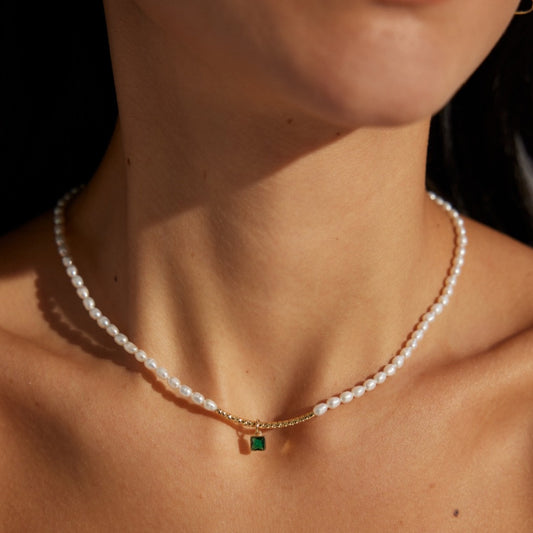 Sterling Silver Zircon Pearl Necklace