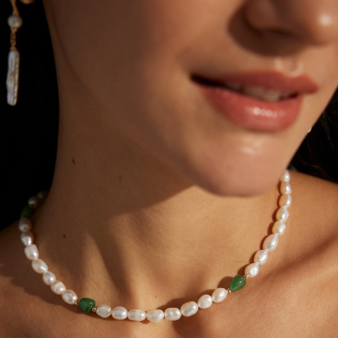 S925 Sterling Silver Pearl Necklace with Natural Jade Beads | Minimalist French Vintage Elegance