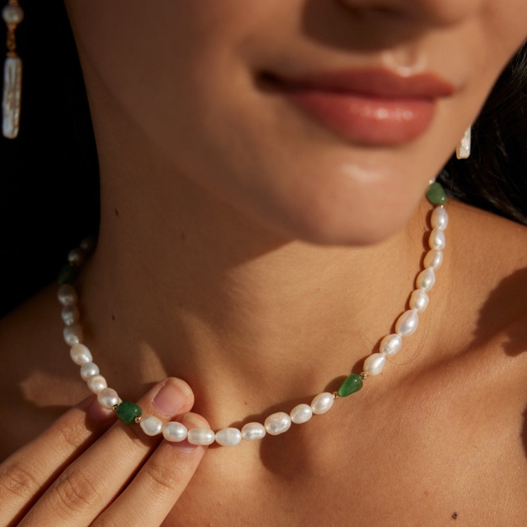 S925 Sterling Silver Pearl Necklace with Natural Jade Beads | Minimalist French Vintage Elegance
